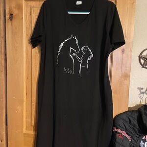Black V-Neck Dress with Horse and Girl Design